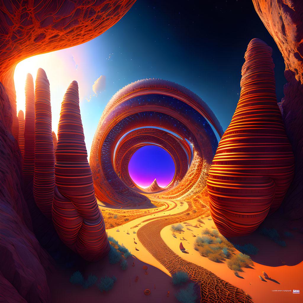 Surreal red rock formations under a setting sun in digital art
