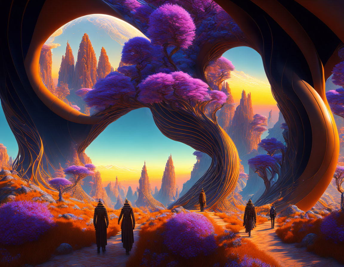 Vibrant alien landscape with purple foliage and colossal rock formations