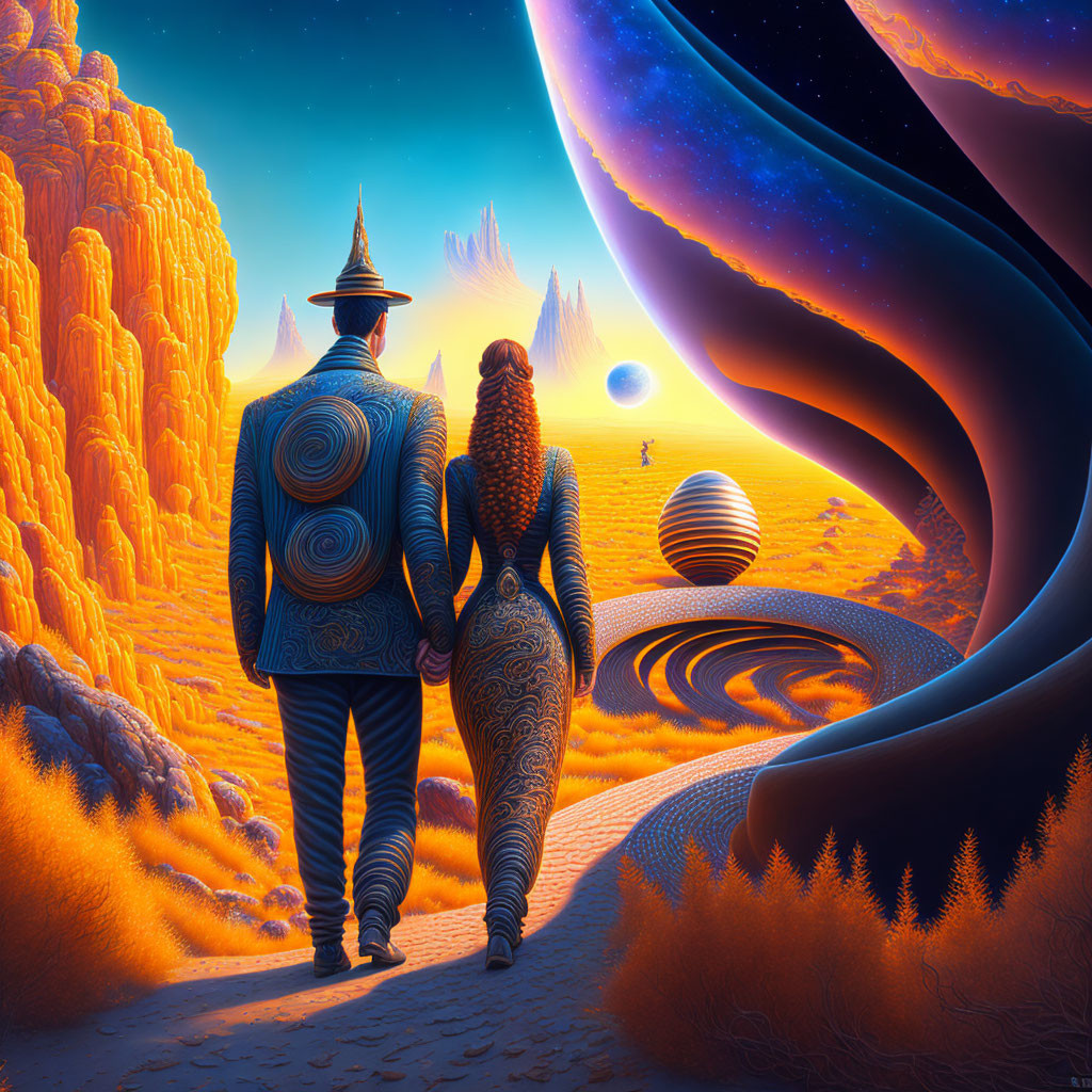 Couple holding hands in surreal landscape with swirling structures and celestial bodies