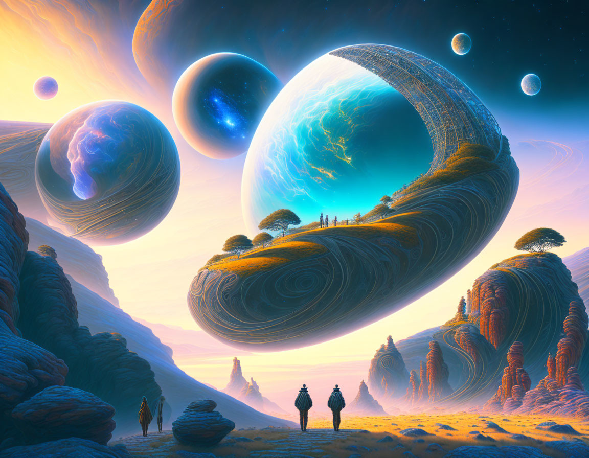 Fantastical landscape with giant celestial bodies and floating ring structure amid alien rock formations