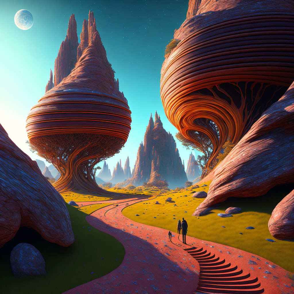 Two individuals walking in alien landscape with spiral rock formations under starry sky.