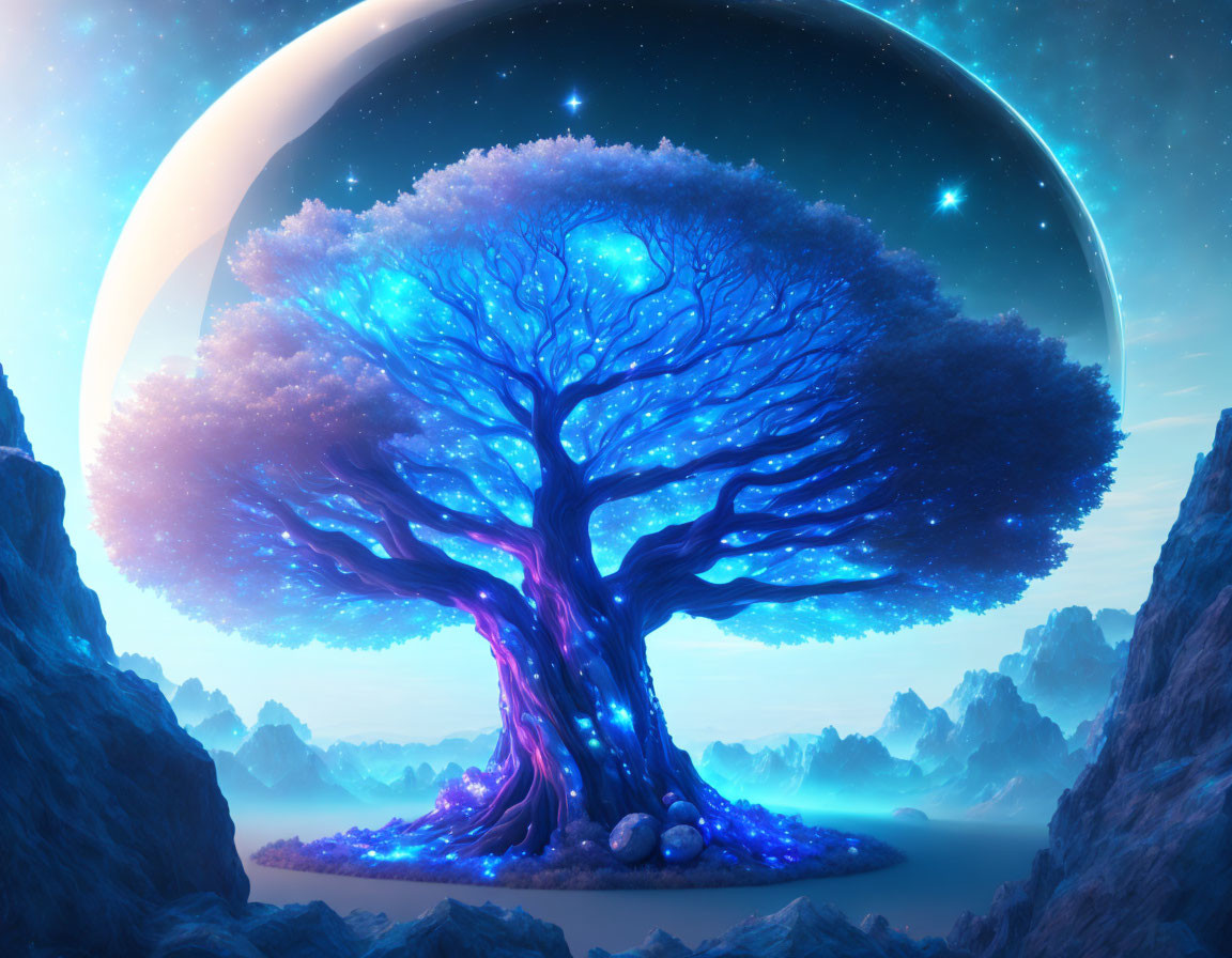 Fantasy landscape with luminous purple tree under moon and stars