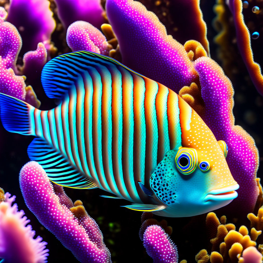 Colorful Tropical Fish Swim Among Purple Coral