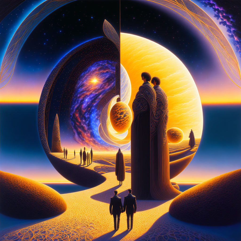 Surreal cosmic landscape with robed figures and celestial bodies