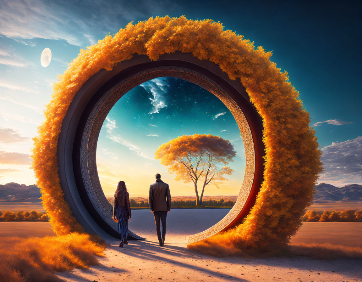 Couple walking towards circular portal to starry night desert scene