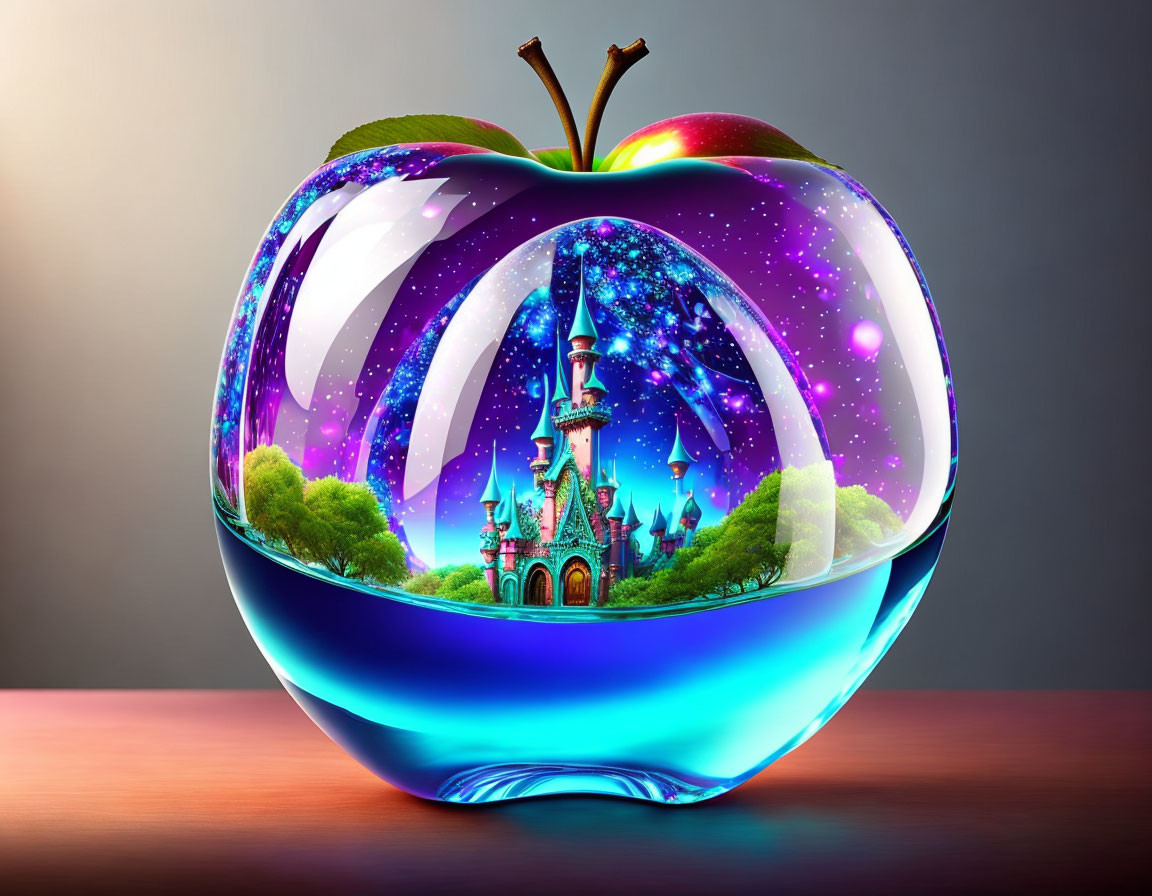 Colorful digital artwork: Glossy apple revealing fantasy castle in cosmic core