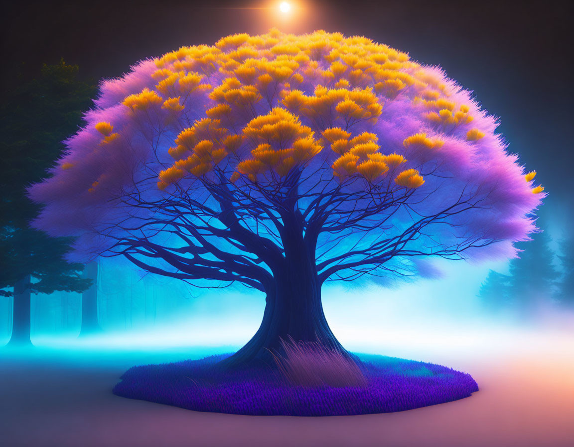 Vibrant tree with yellow foliage in mystical forest with blue and purple hues