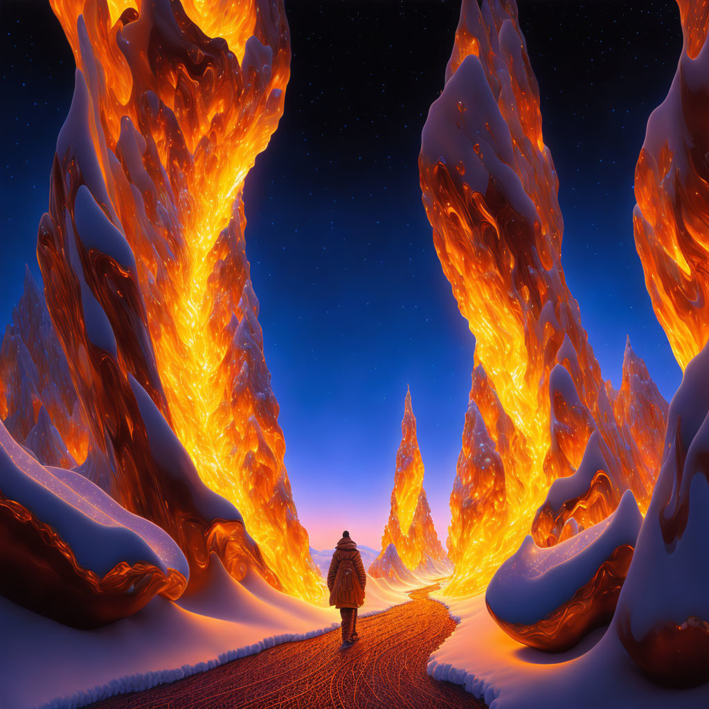 Person at Path Entrance Surrounded by Flame-like Formations Under Starry Sky