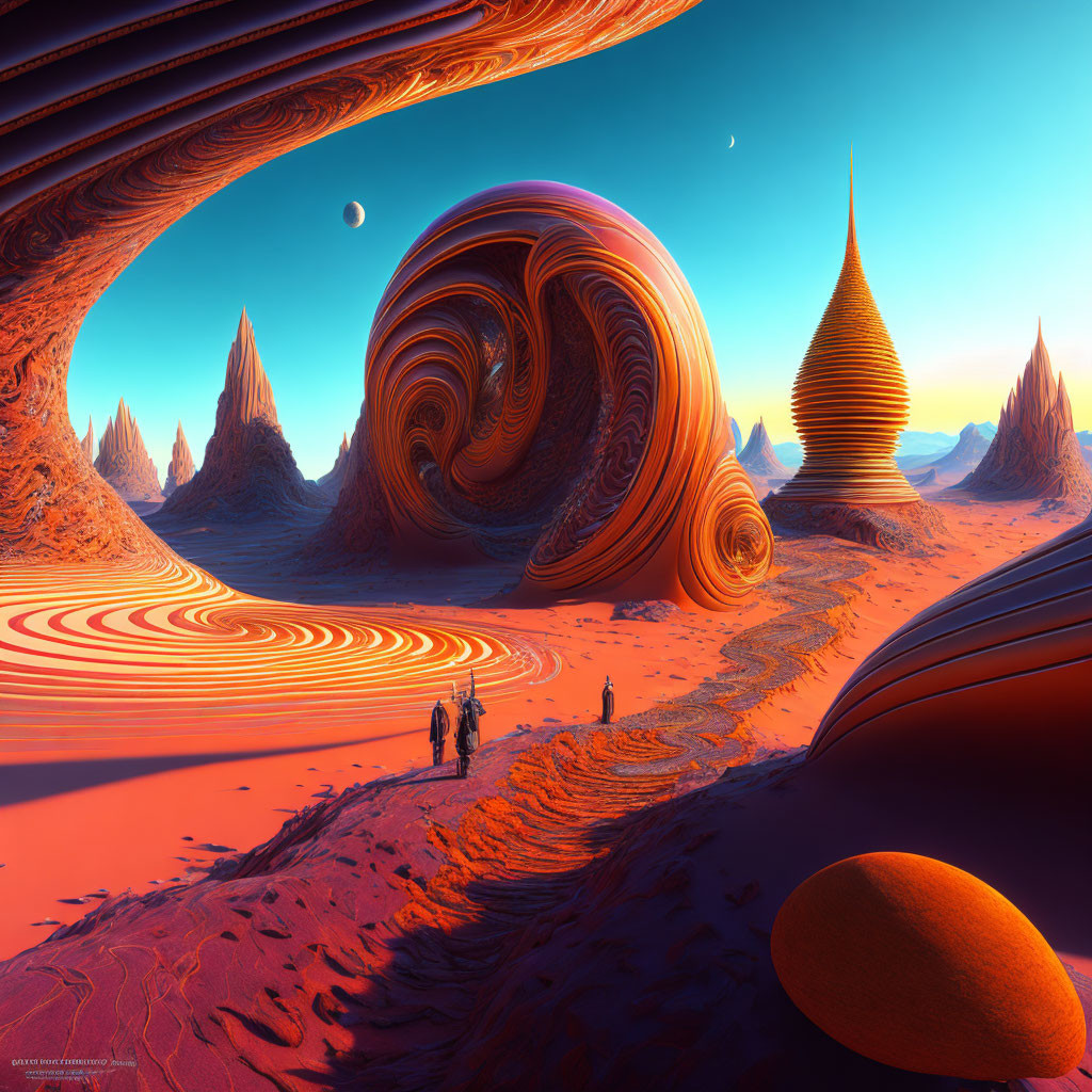 Surreal desert landscape with swirling dunes and explorers under alien sky