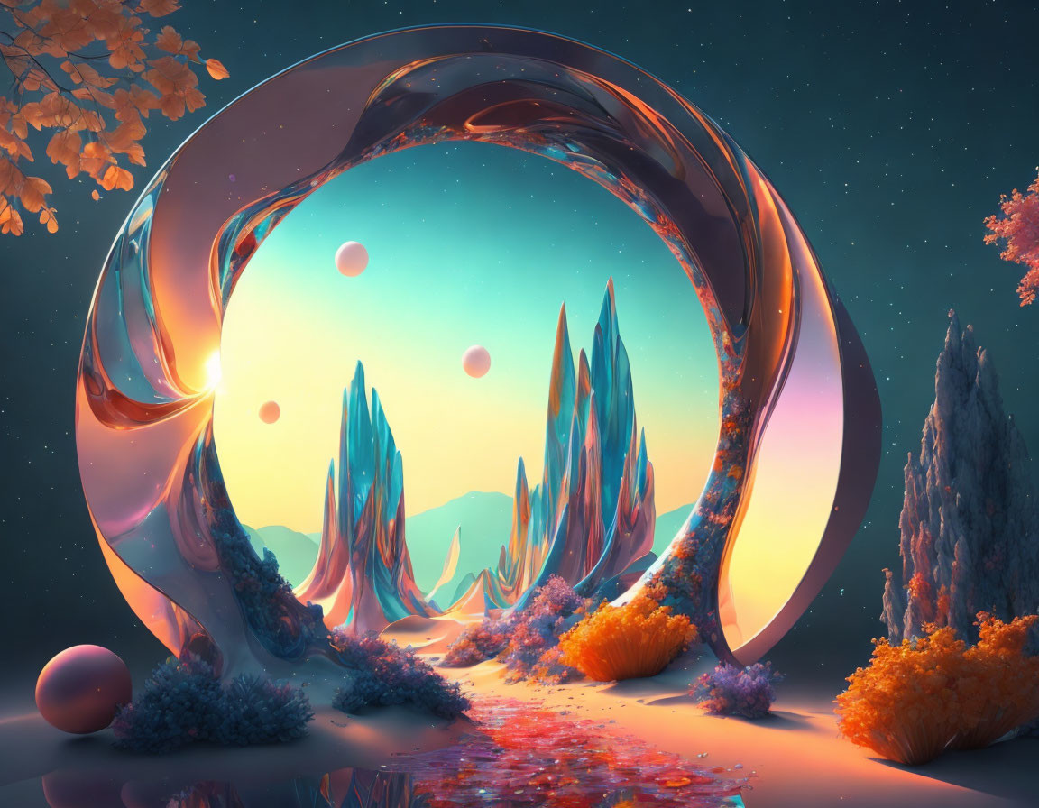 Surreal landscape with swirling portal, vibrant trees, and floating orbs