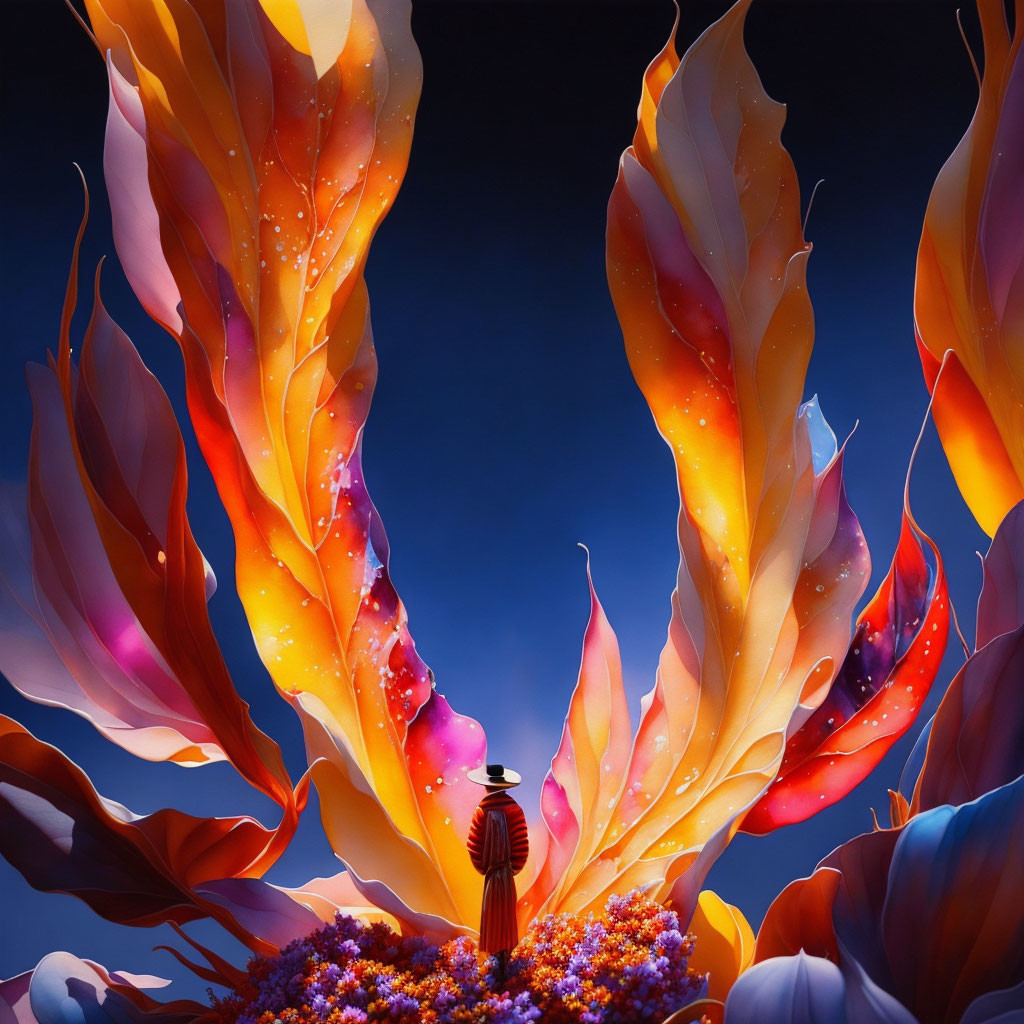 Vividly colored surreal flower with flame-like leaves in night sky