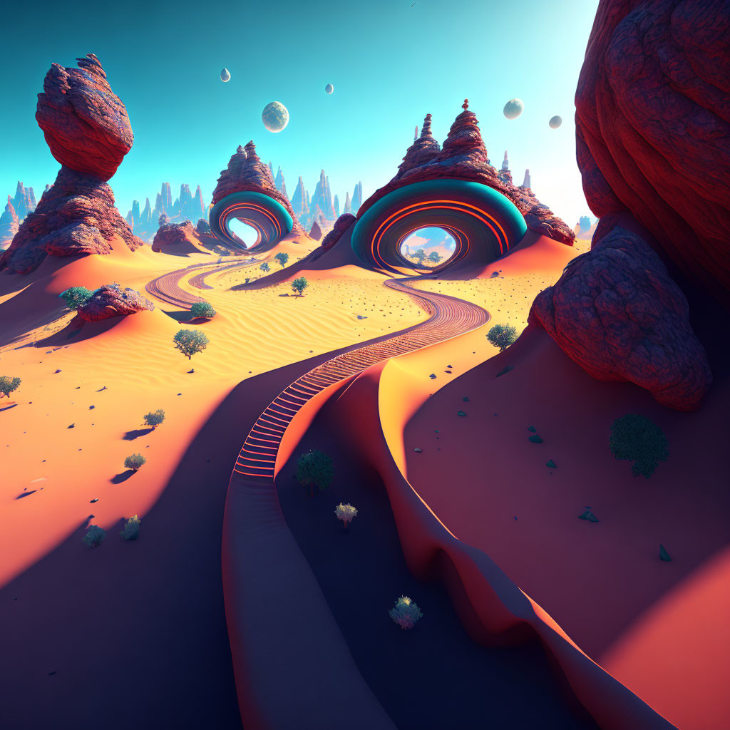 Vibrant surreal desert landscape with celestial bodies and red rock formations