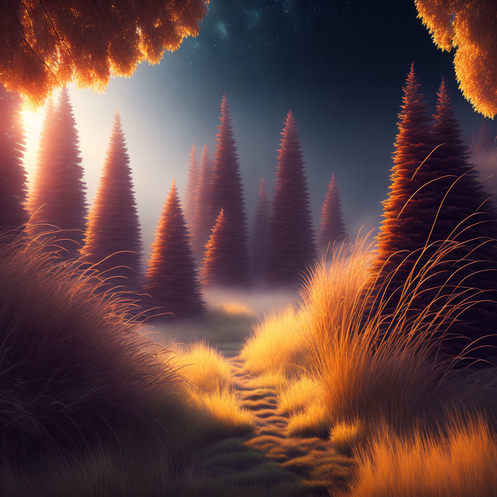 Twilight forest scene with towering pine trees and starry sky