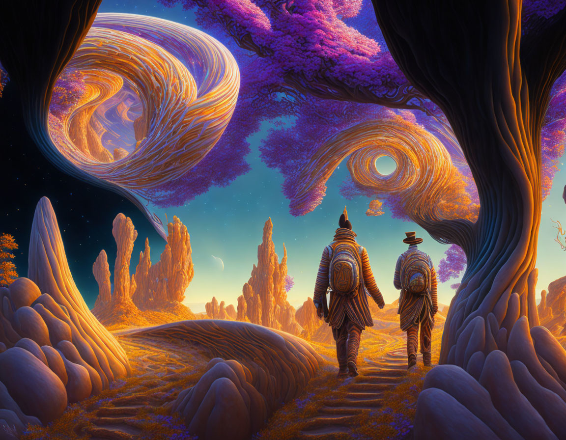 Two figures stroll through surreal, vibrant landscape with purple skies.