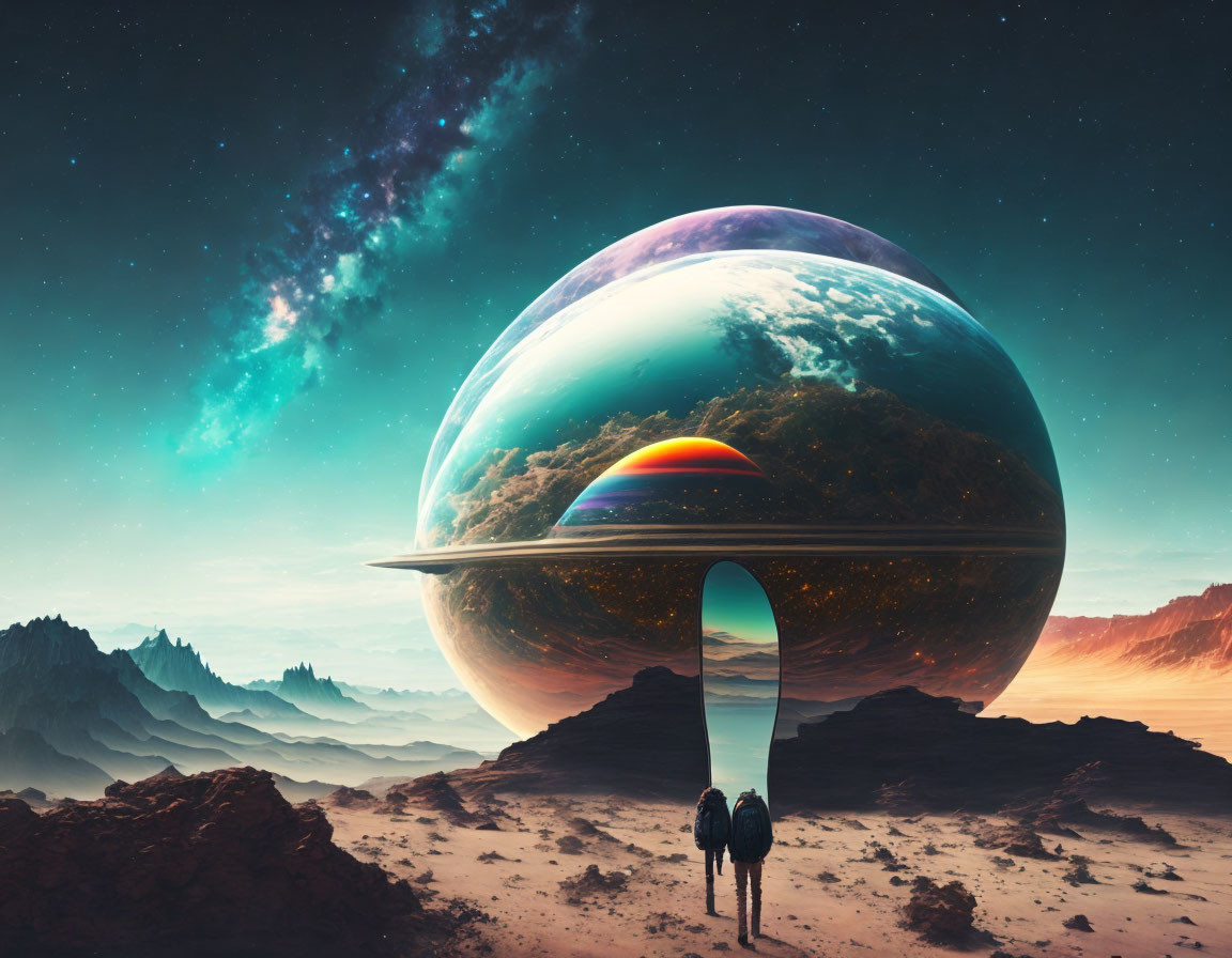 Surreal scene: person by giant reflective sphere in desert landscape