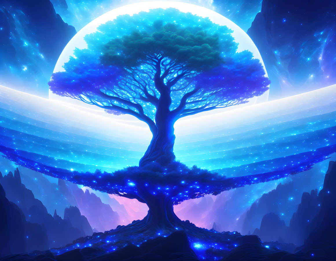 Majestic tree with luminous canopy under moonlit sky