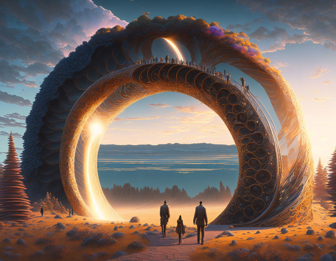 Futuristic arch with intricate designs over scenic landscape at sunset