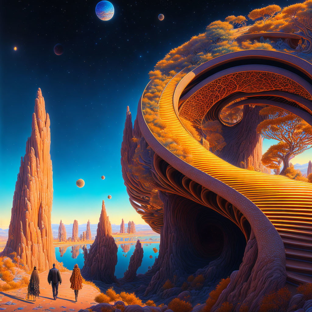 Fantastical landscape with towering rocks, intertwined tree, figures, and multiple planets.