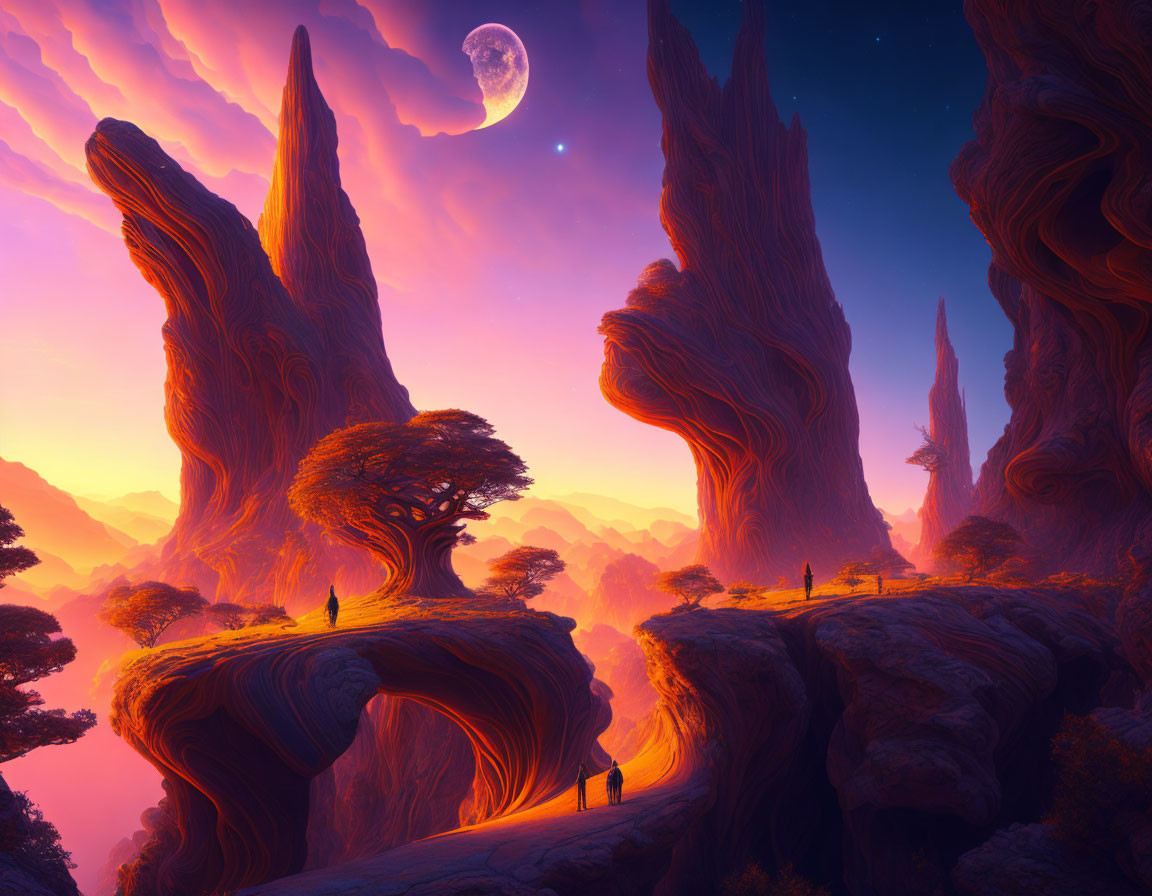 Surreal landscape with towering rocks, crescent moon, starry sky, and figures under warm