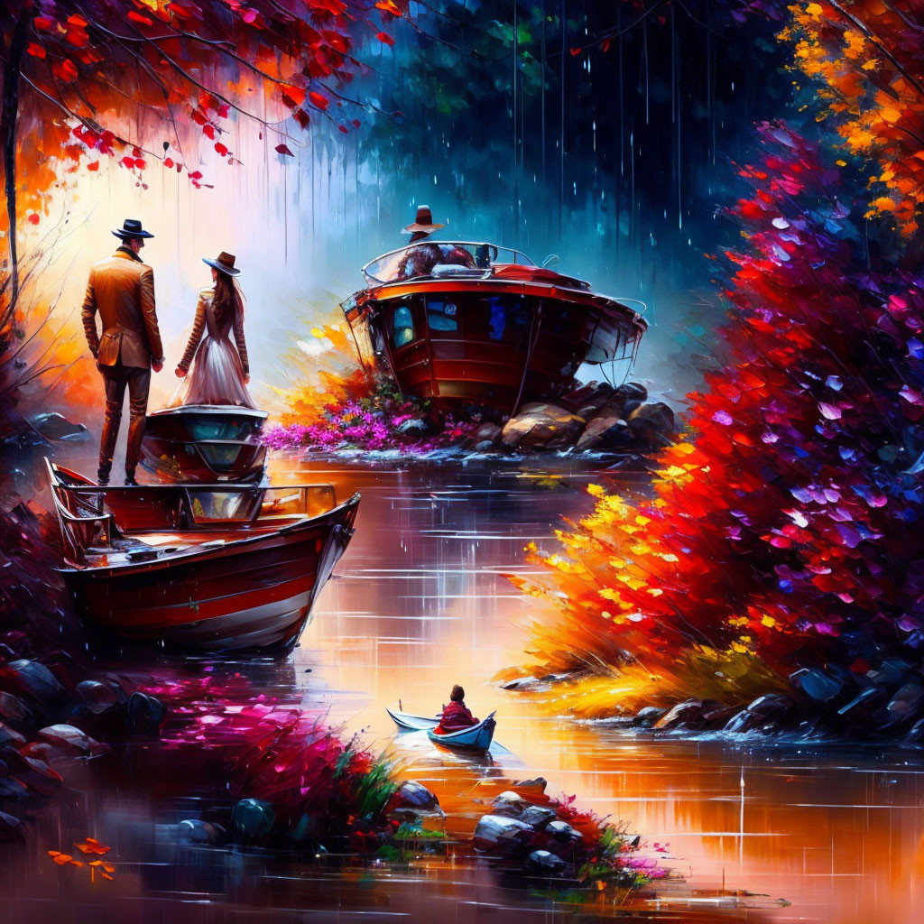 Couple by lake in autumn rain with colorful foliage