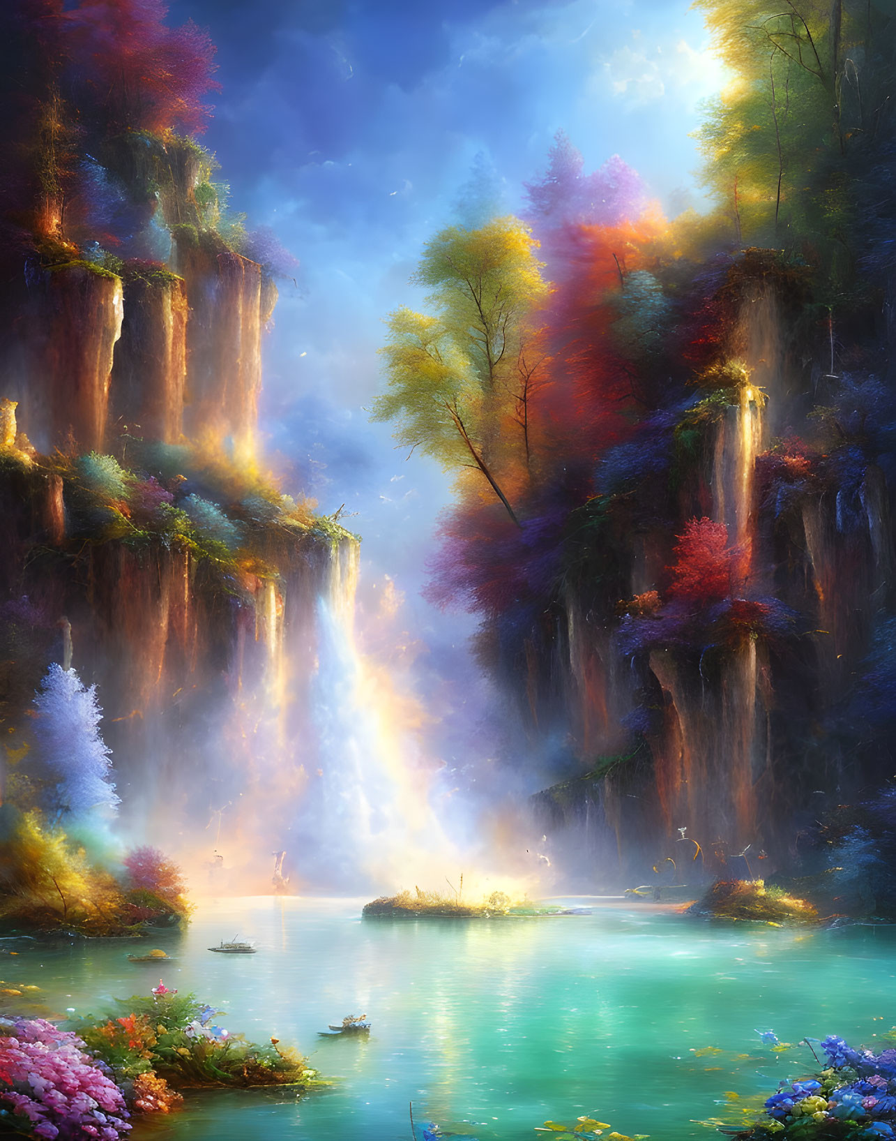 Fantastical landscape with waterfalls, colorful foliage, misty waters, glowing light