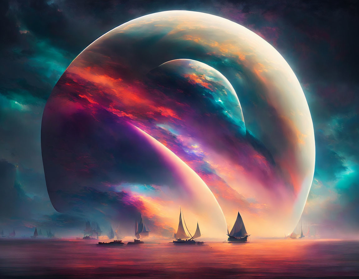Sailboats on calm waters under surreal sky with large colorful planet