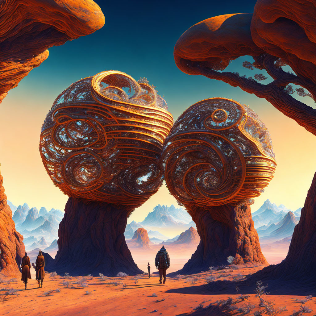 Surreal landscape with travelers and colossal spherical structures