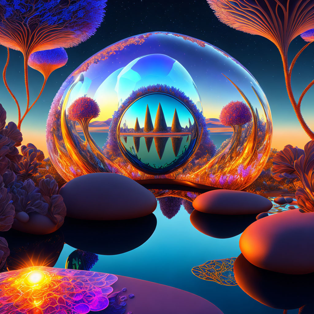 Colorful surreal landscape with reflective sphere and luminous elements