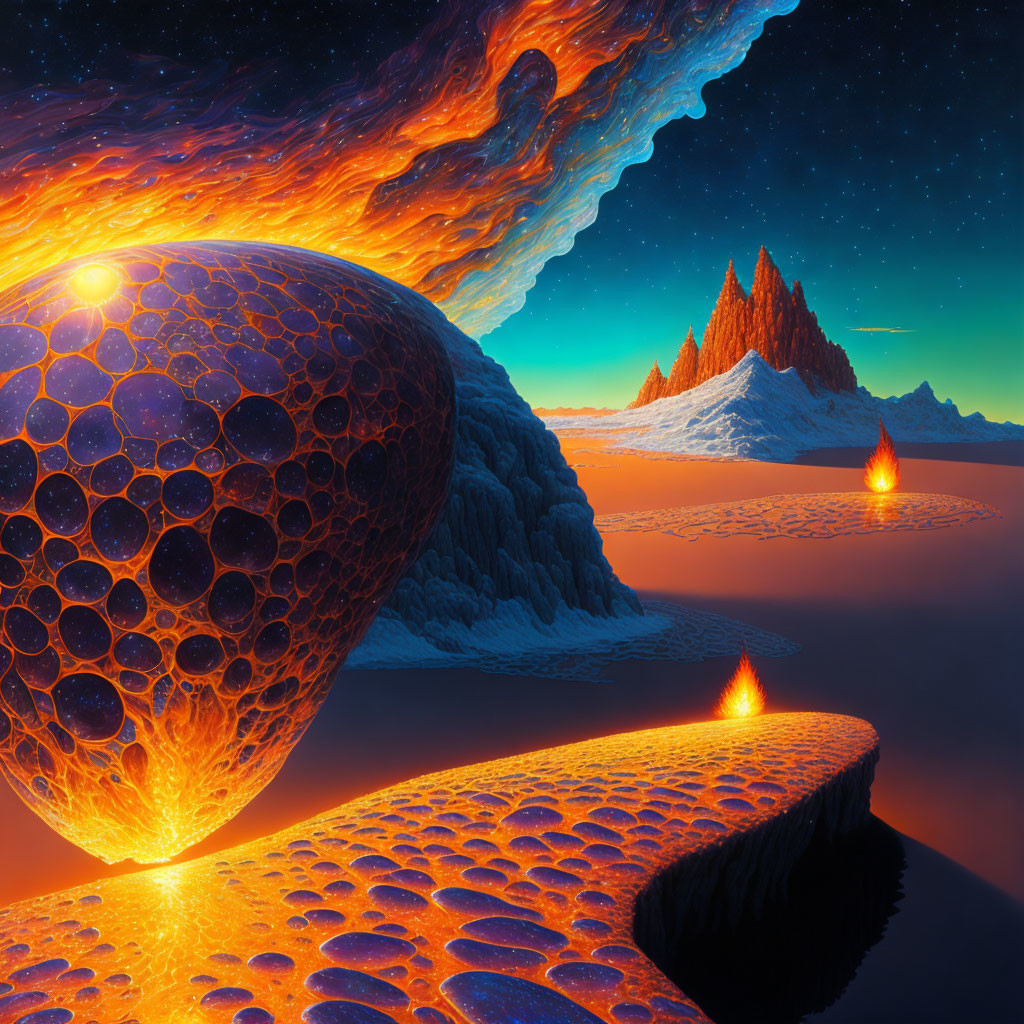 Surreal landscape with glowing sphere, fiery sky, lava flows, icy mountains