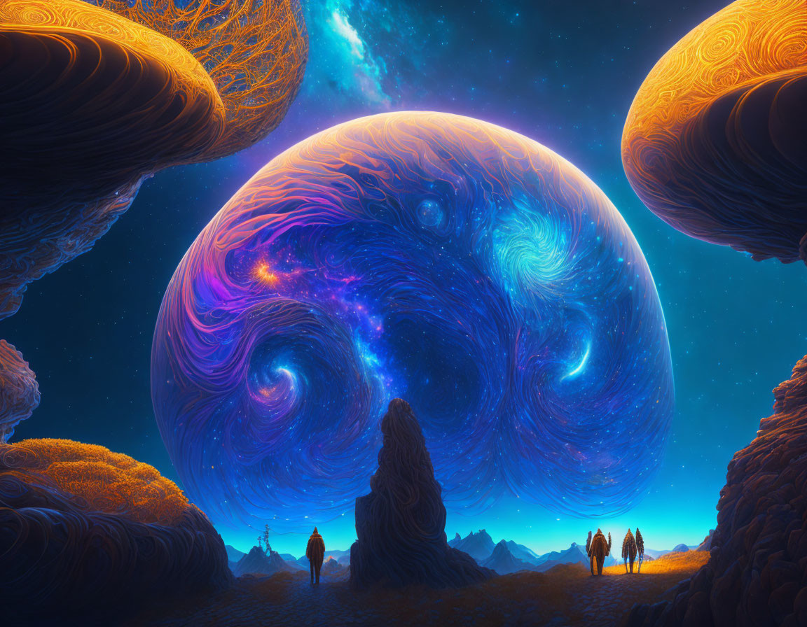 Explorers in vibrant sci-fi landscape with giant blue nebula and orange celestial bodies