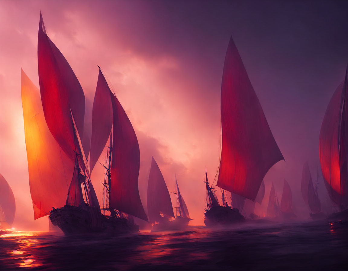 Fleet of ships with crimson sails on misty purple waters at dusk