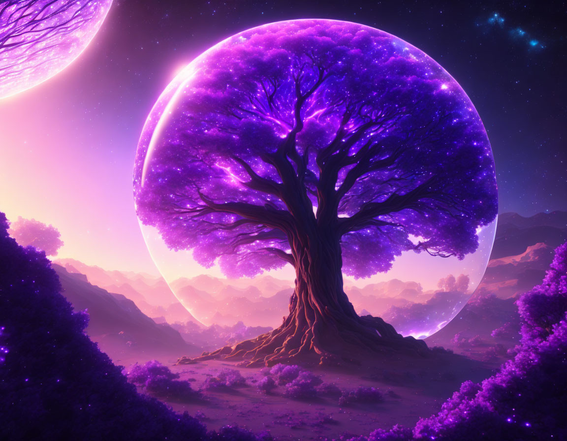 Majestic purple tree under large moon in fantasy landscape
