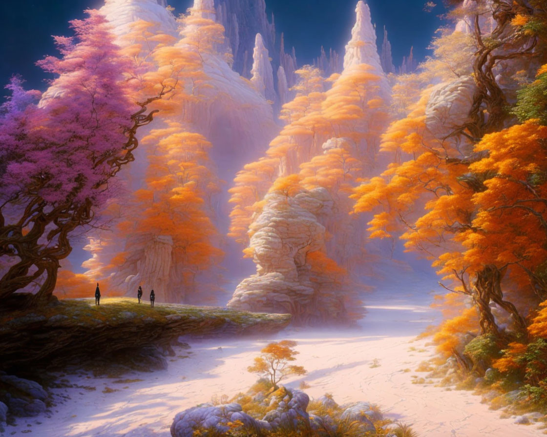 Fantasy landscape with towering rock formations and vibrant foliage, three exploring figures in dreamy atmosphere