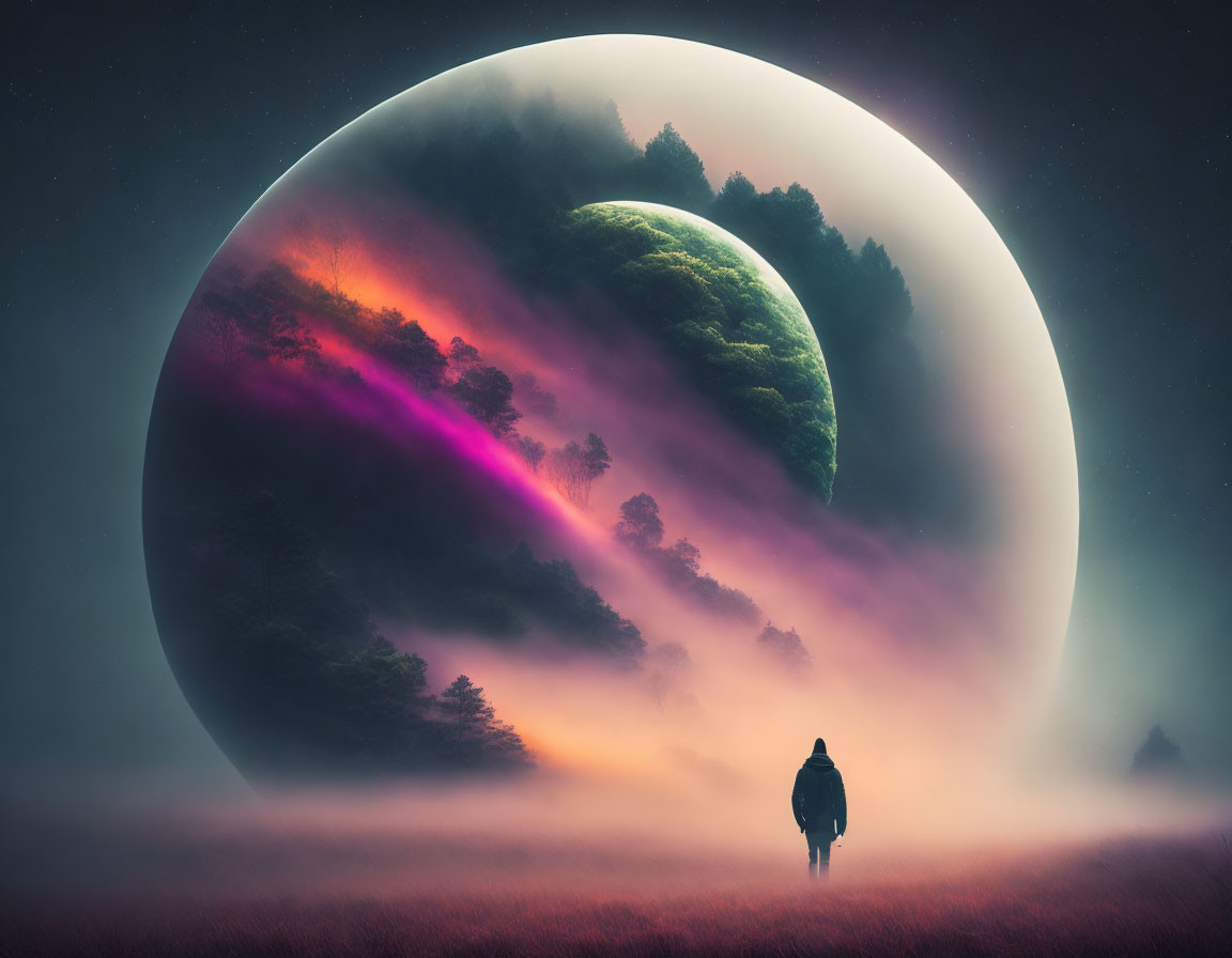 Misty field scene with surreal celestial body and colorful glowing crevice