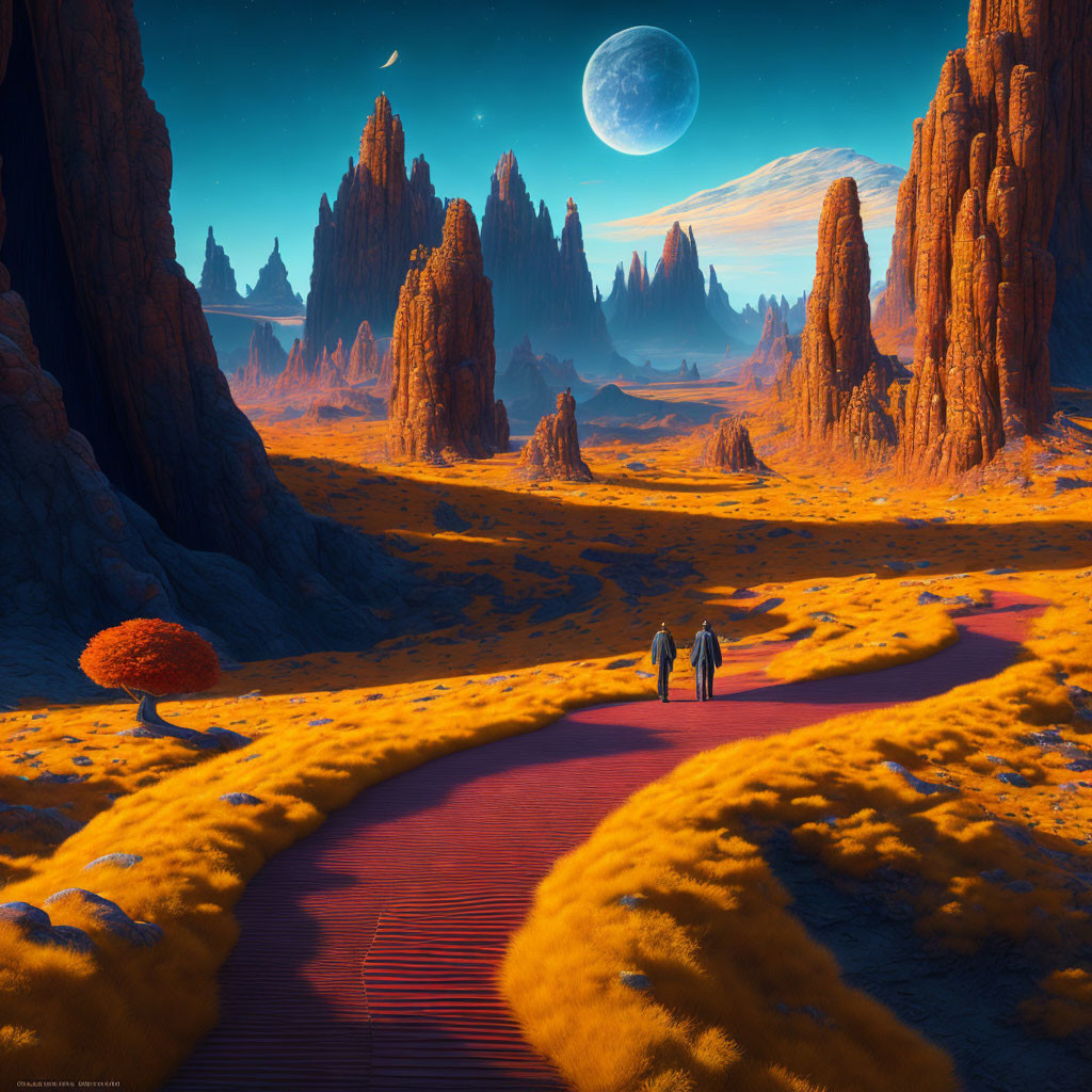 Fantastical landscape with figures on winding path among towering rock formations