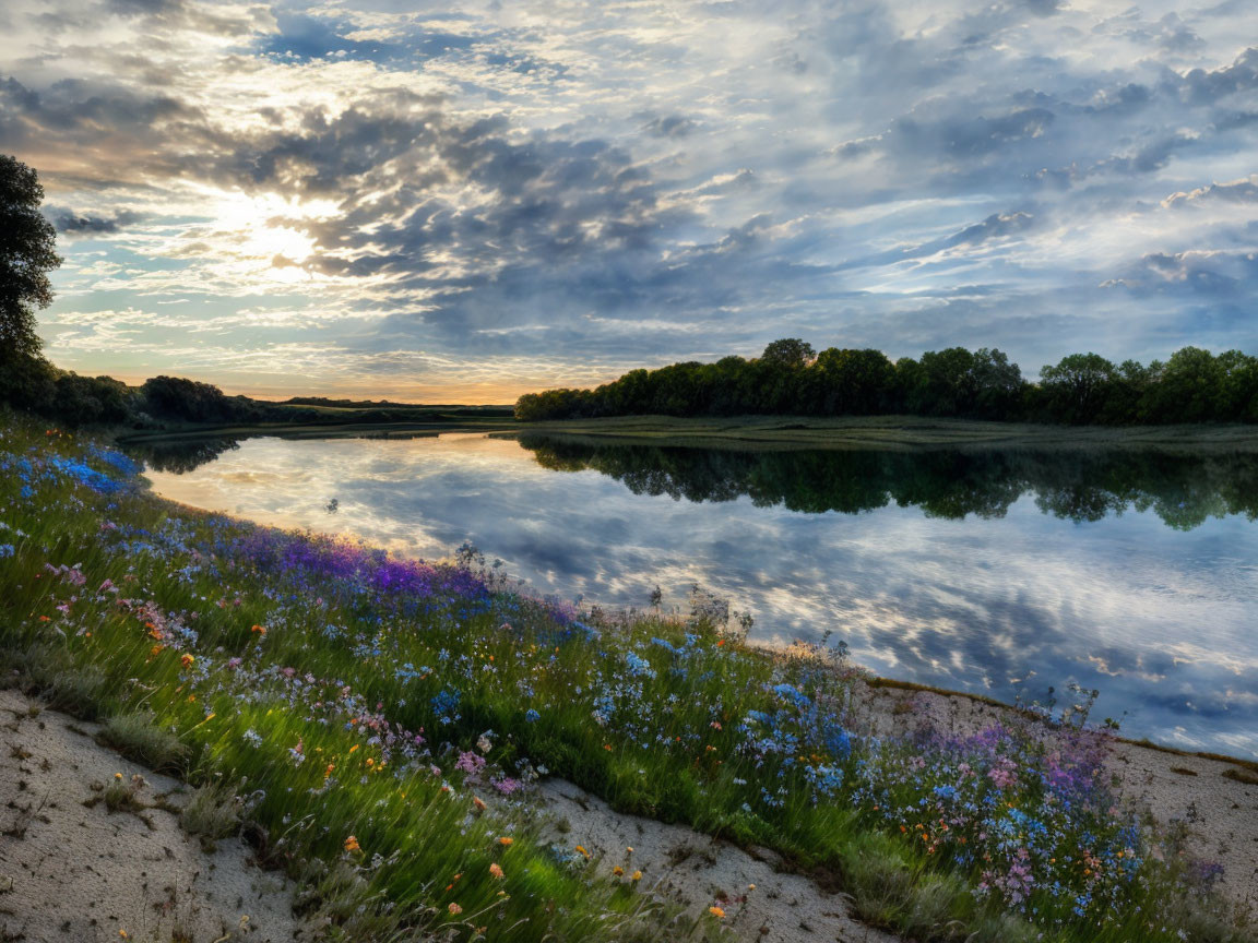 Tranquil sunrise riverscape with mirrored water, vibrant wildflowers, and dynamic sky.