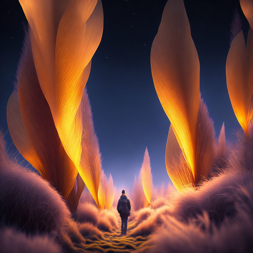 Person standing on illuminated path with golden feather-like structures under starry night sky
