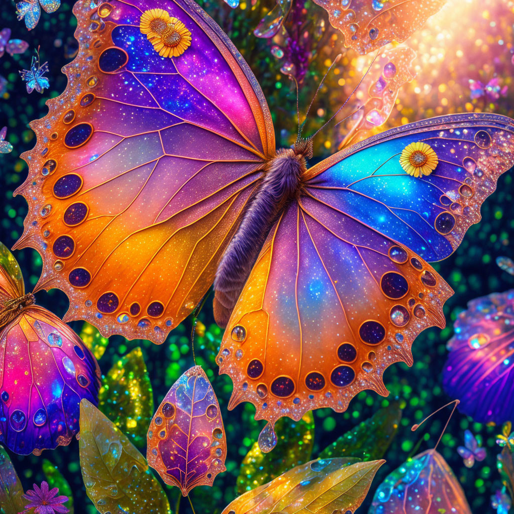 Colorful Butterfly with Starry Wings in Magical Forest Scene