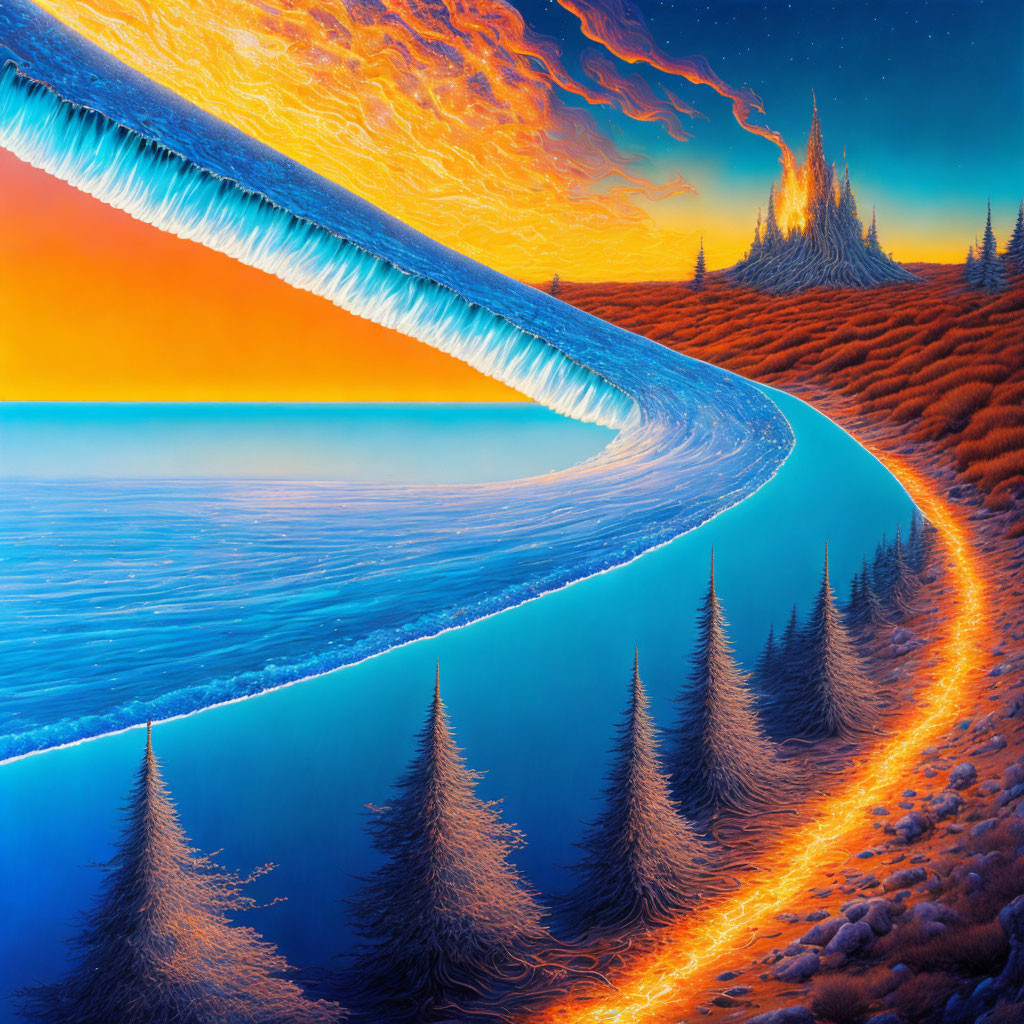 Surreal landscape with fiery orange sky, icy blue path, and tree-lined terrain