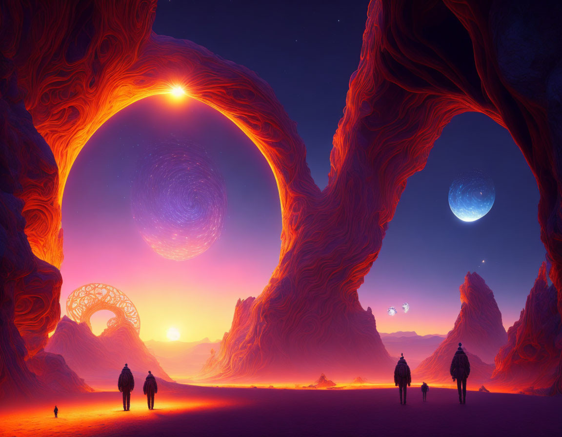 Three silhouetted figures walking towards alien arches under two moons and a luminous planet in