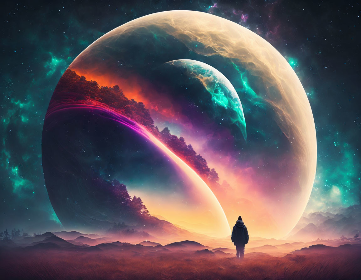 Solitary figure in vibrant celestial landscape with enormous bodies