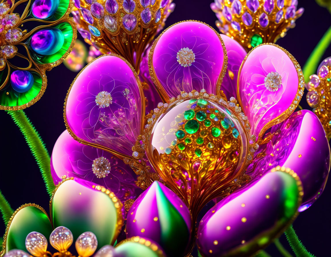 Colorful fractal flower art with shimmering purples, golds, and iridescent