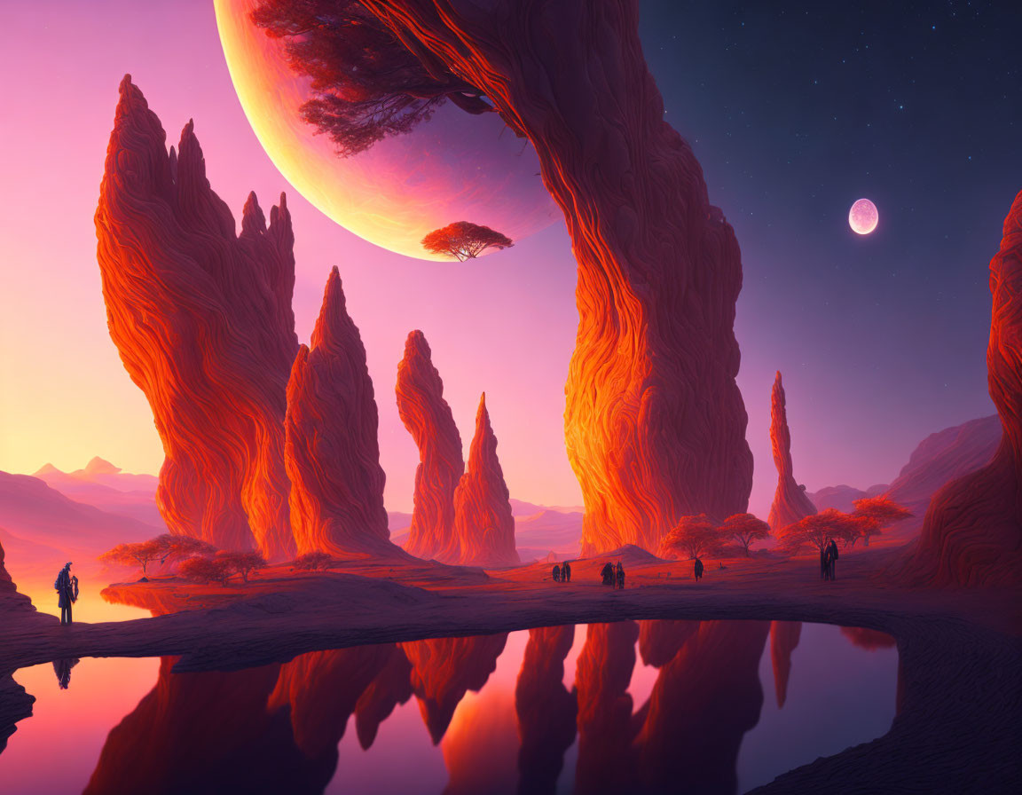 Majestic alien landscape with towering rock formations and large planet, reflecting pool, and exploring figures