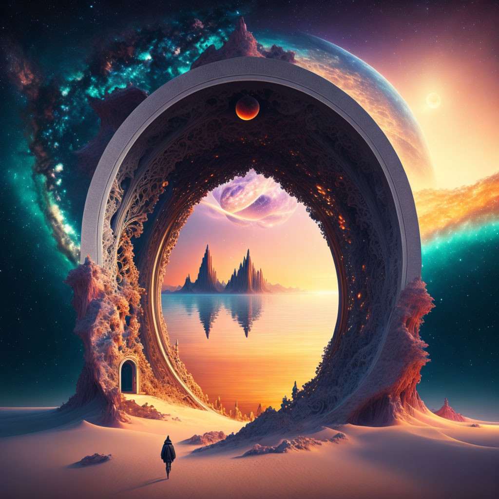 Surreal landscape with ornate circular gateway and celestial sky