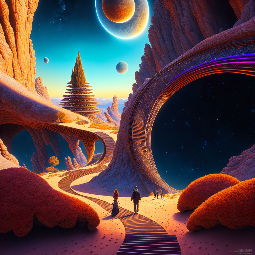 Fantasy landscape with rock formations, tree, pathway, and multiple moons.