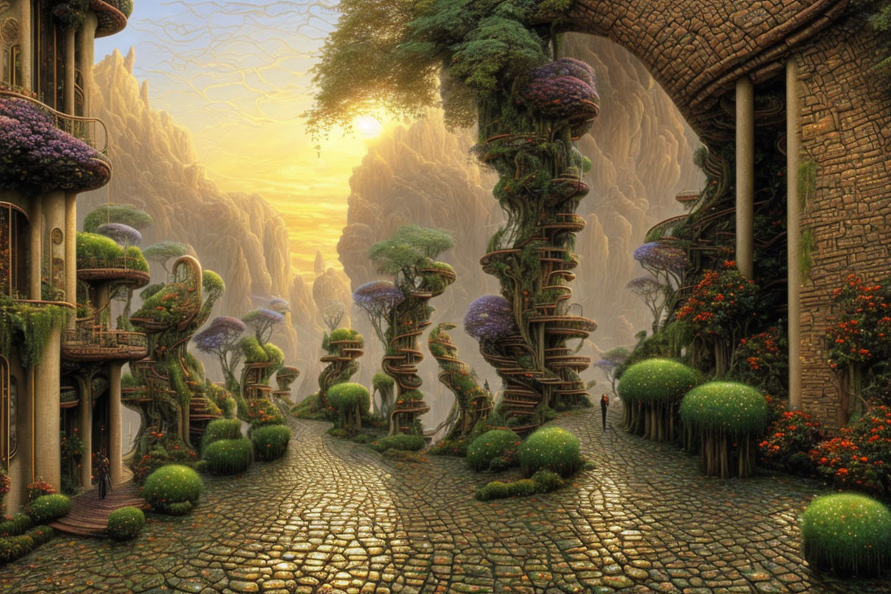 Fantasy landscape with spiral trees, cobblestone path, and sunlit canyon view