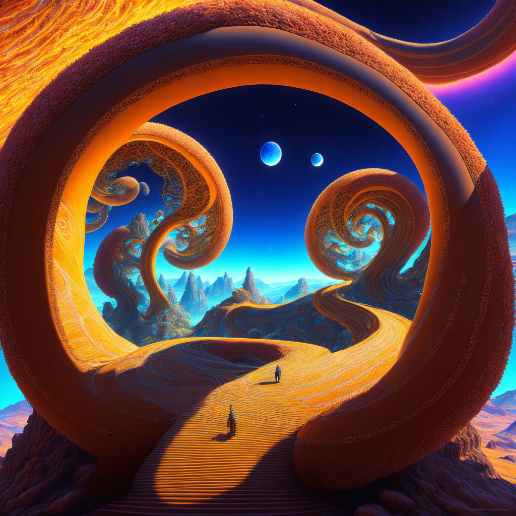 Fantastical landscape with swirling orange structures and celestial sky