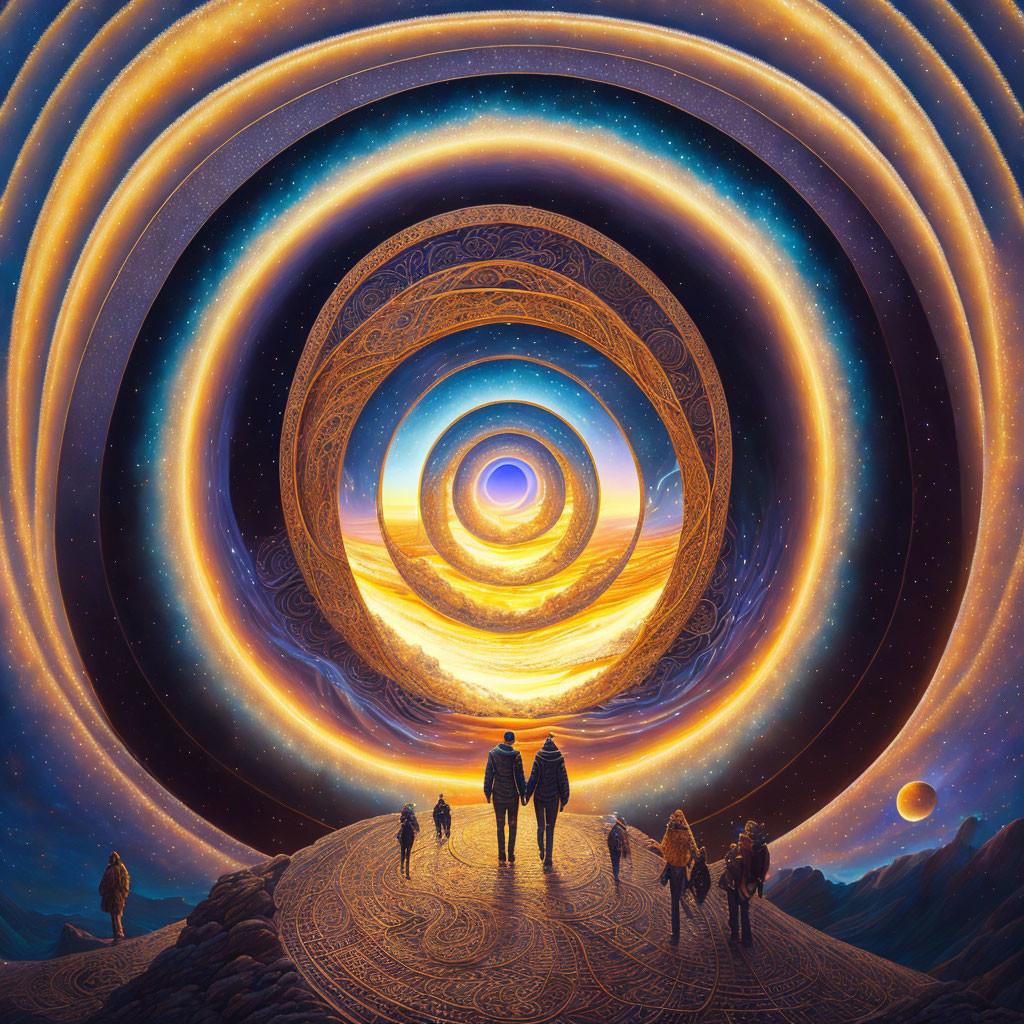 Group of people trekking toward colossal, spiraling portal in cosmic setting