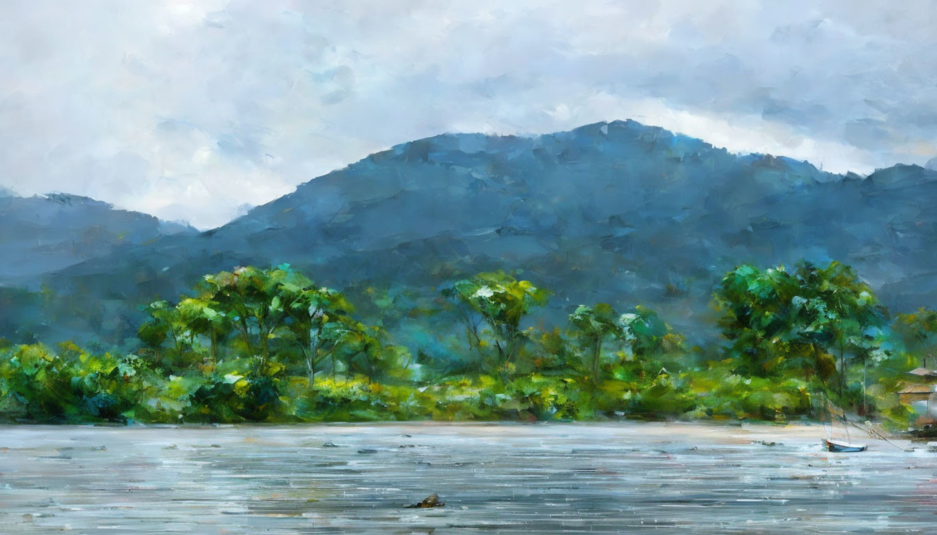 Impressionistic painting of lush riverside with green trees and shadowed mountains