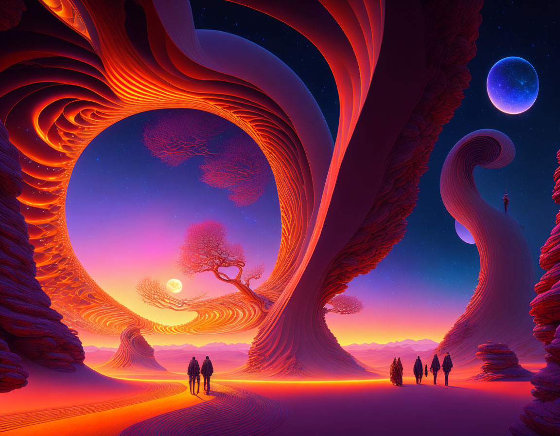 Surreal landscape with orange formations, lone tree, silhouetted figures, and blue moon